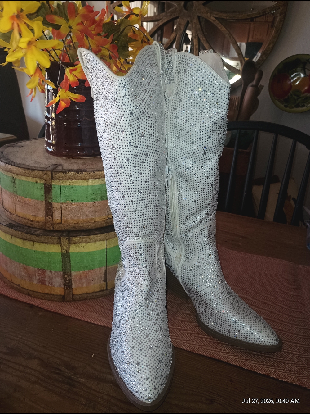 Women's White Crystal-Embellished Heeled Cowboy Boots